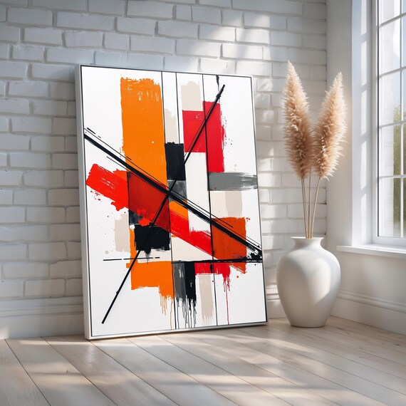 Modern Geometric Abstract Canvas Wall Art Red Orange Black Drip Lines And Bold Blocks Urban Industrial Minimalist Decor Ready To Hang