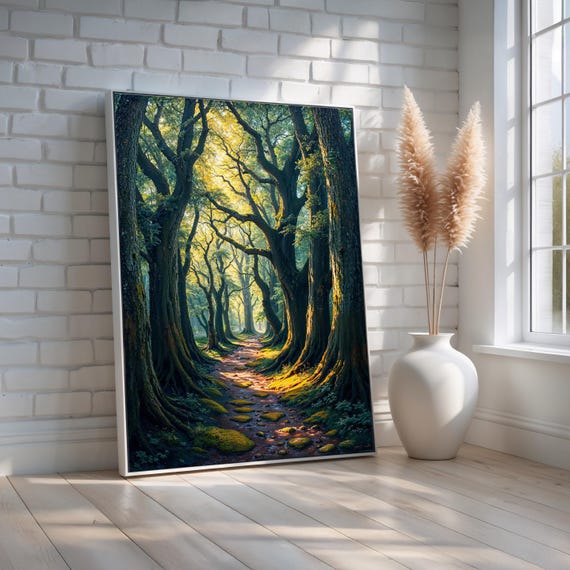 Enchanted Forest Path Wall Art Mystical Tree Tunnel With Golden Light And Stream Fantasy Nature Poster For Bedroom Or Office