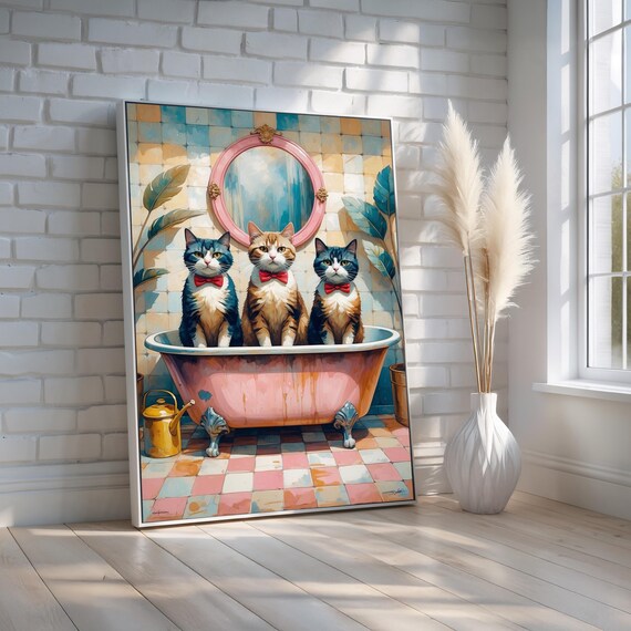 Three Cats Bow Ties Pink Clawfoot Tub Whimsical Bathroom Poster