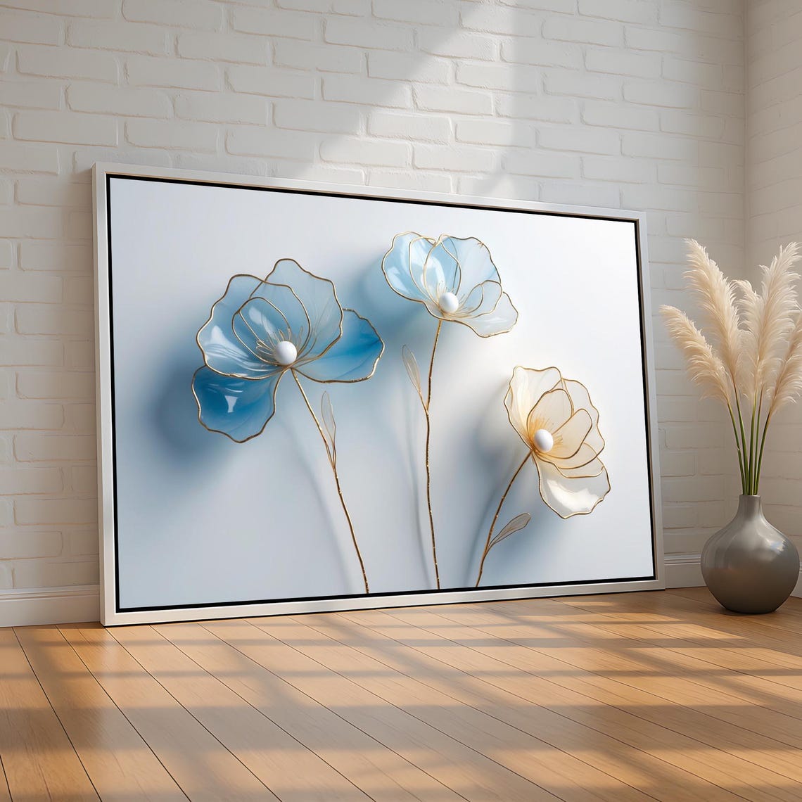 Blue and White Glass Flowers with Gold Stems Modern Wall Art