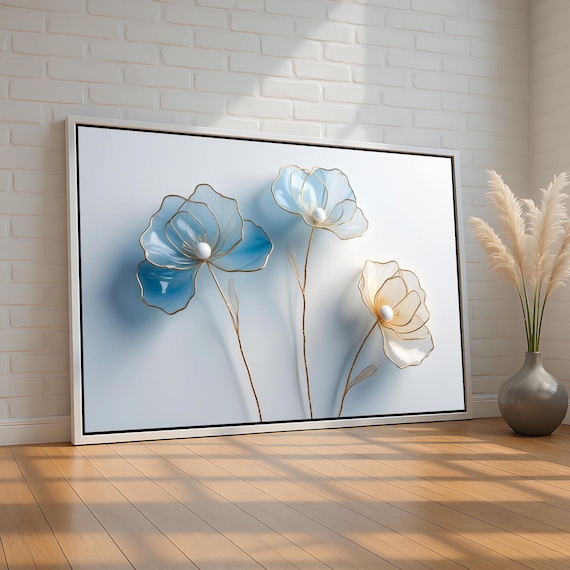 Blue and White Glass Flowers with Gold Stems Modern Wall Art