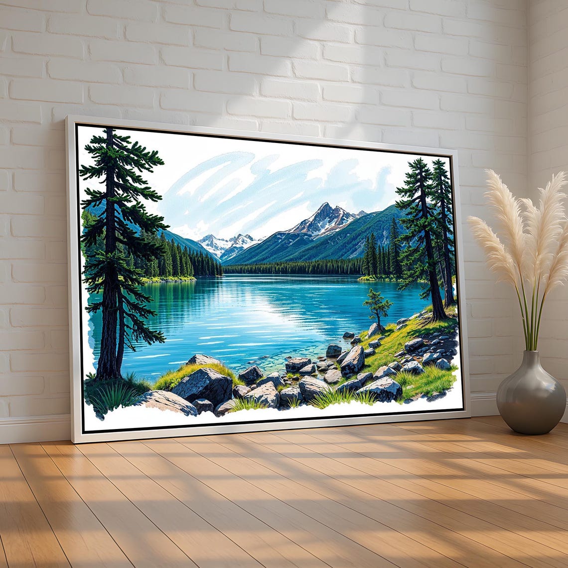 Turquoise Mountain Lake Forest Snowy Peaks Watercolor Poster