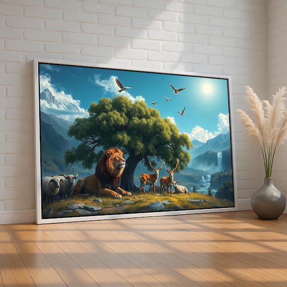 Lion And The Lamb Peaceful Nature Canvas Isaiah Prophecy Wall Art Wildlife Harmony Christian Decor For Home Gifts Ready To Hang