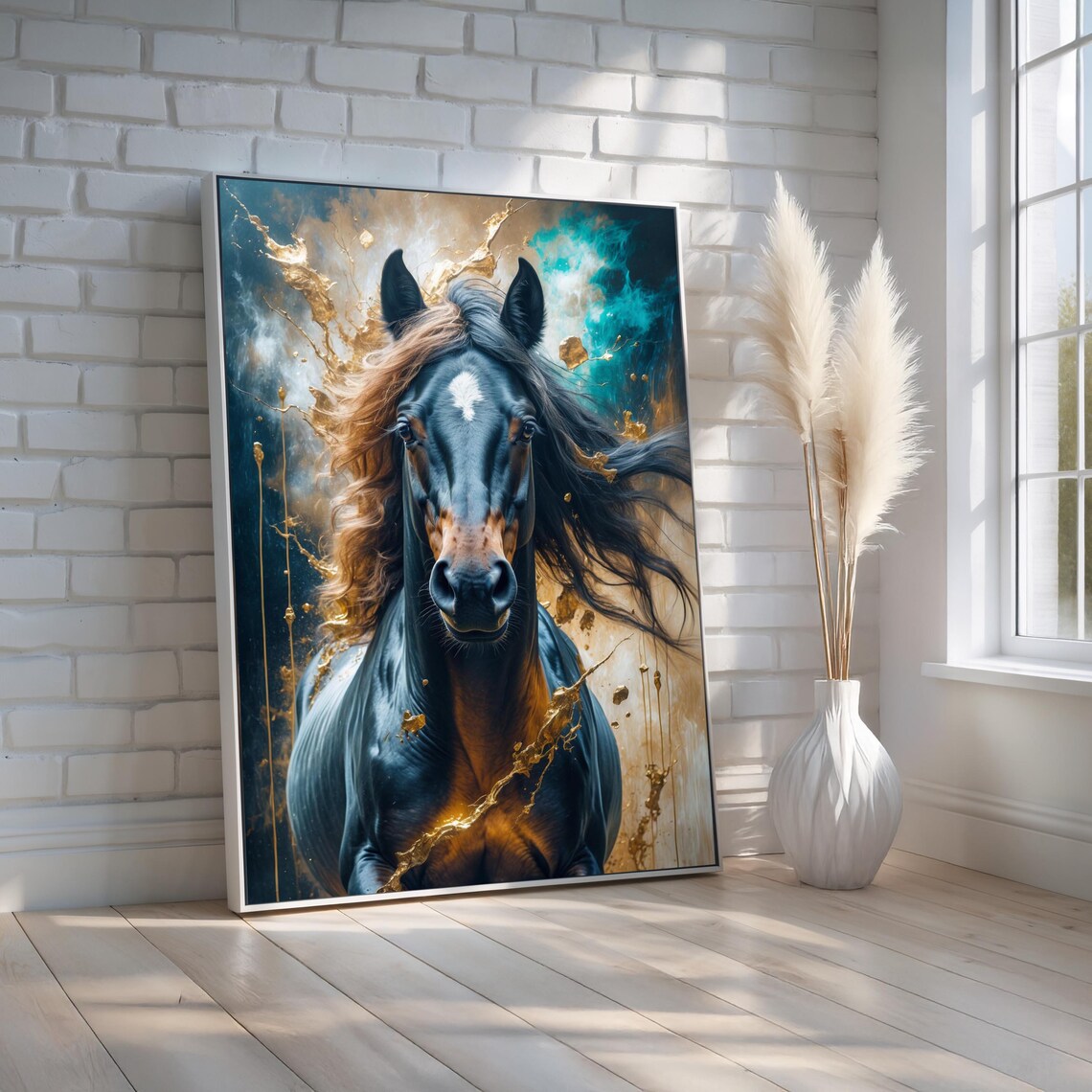 Majestic Black Horse Golden Splashes Dramatic Stallion Poster
