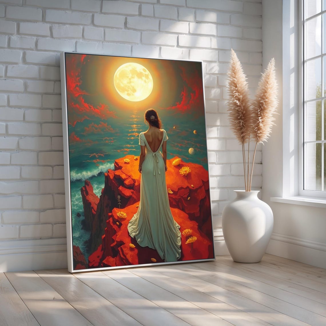 Celestial Moon Cliff Wall Art Mystical Woman Fantasy Canvas Print Surreal Night Sky Ocean Scene Dreamy Decor Ready To Hang