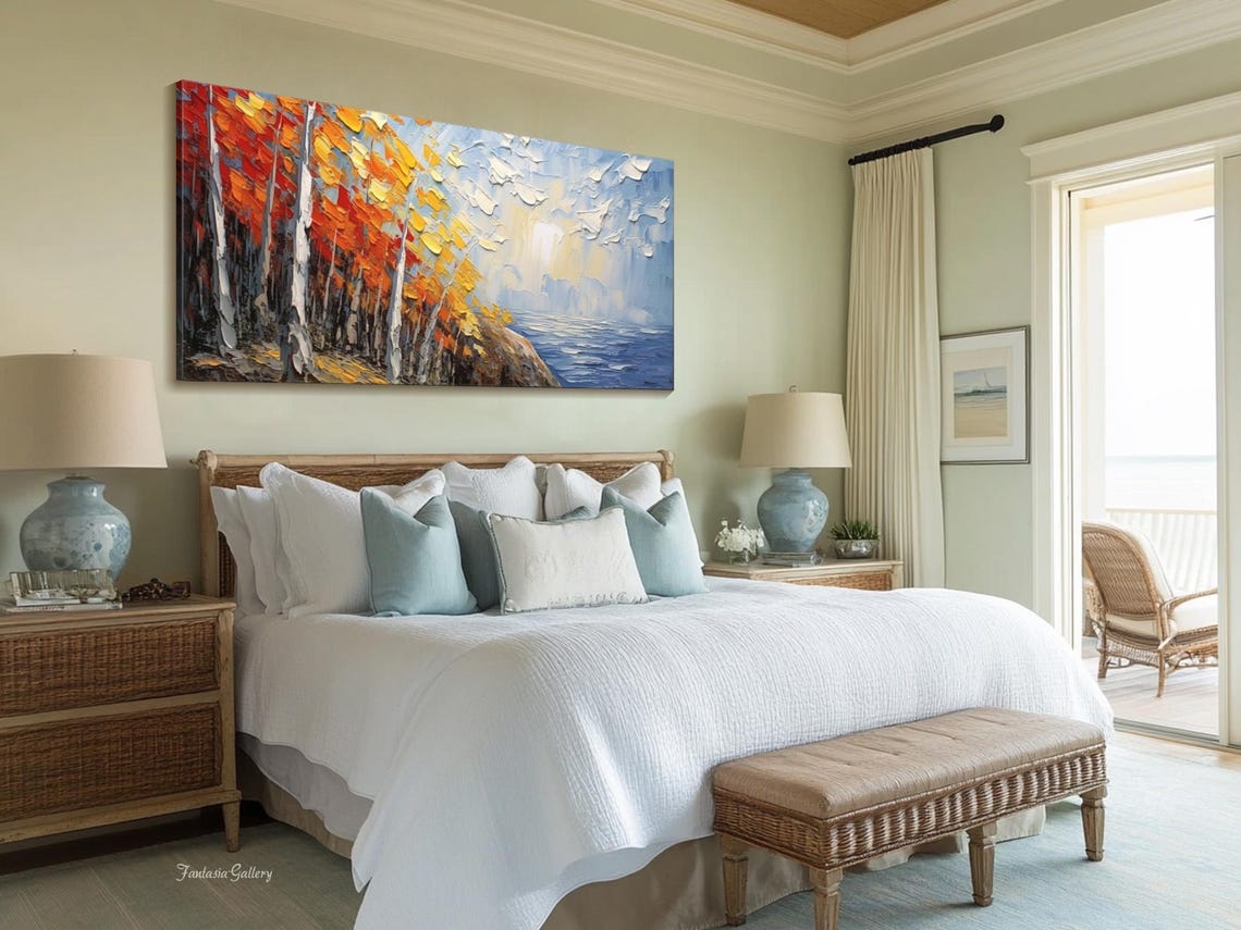 Palette Knife Autumn Birch Forest Meeting Blue Sea Coastal Print - Image 2