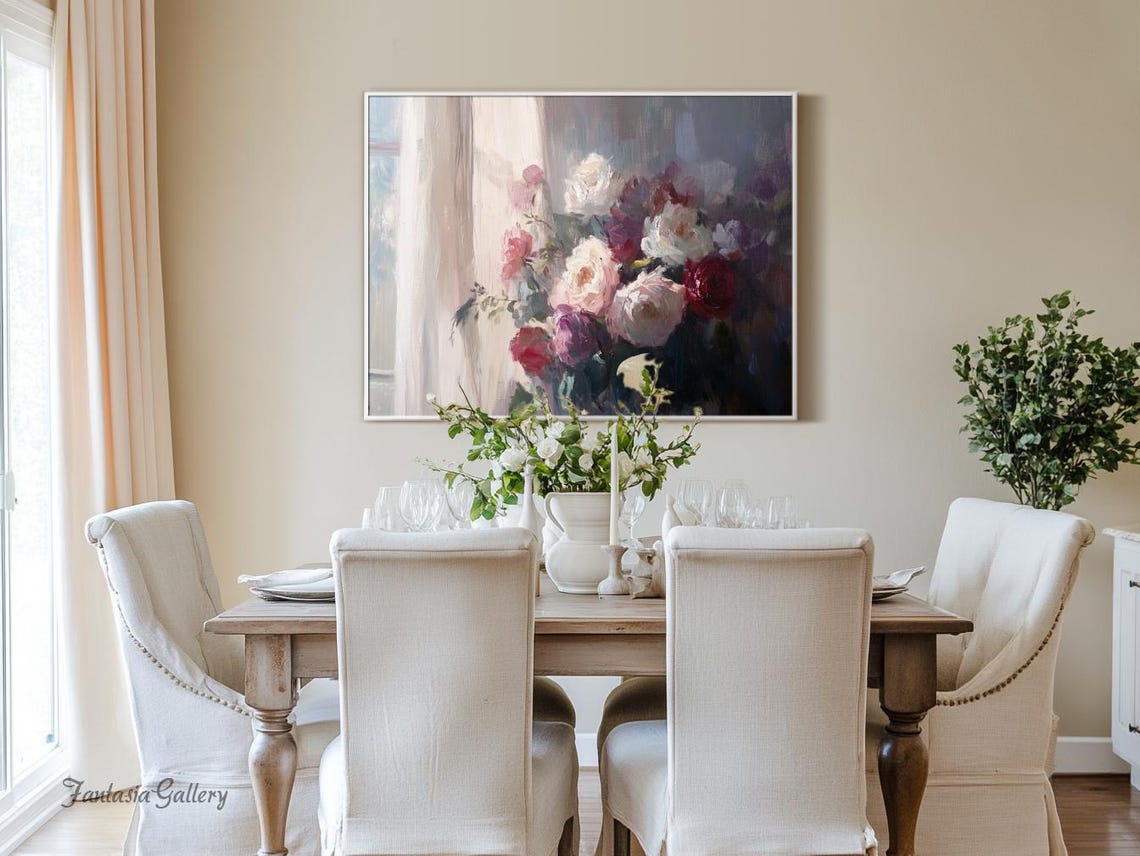 Impressionist Roses Bouquet Window Light Floral Oil Painting Wall Art - Image 2