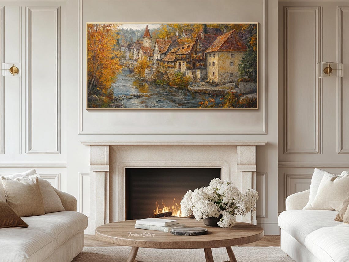 Village Landscape Oil Painting On Original Autumn River Scene Handcrafted Wall Art For Living Room Vintage Wall Art Antique Painting - Image 4