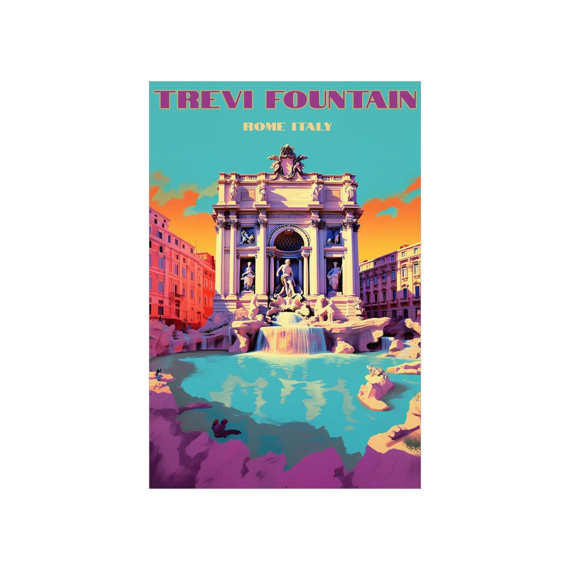 Trevi Fountain Rome Italy Neon Sunset Famous Vintage Travel Poster