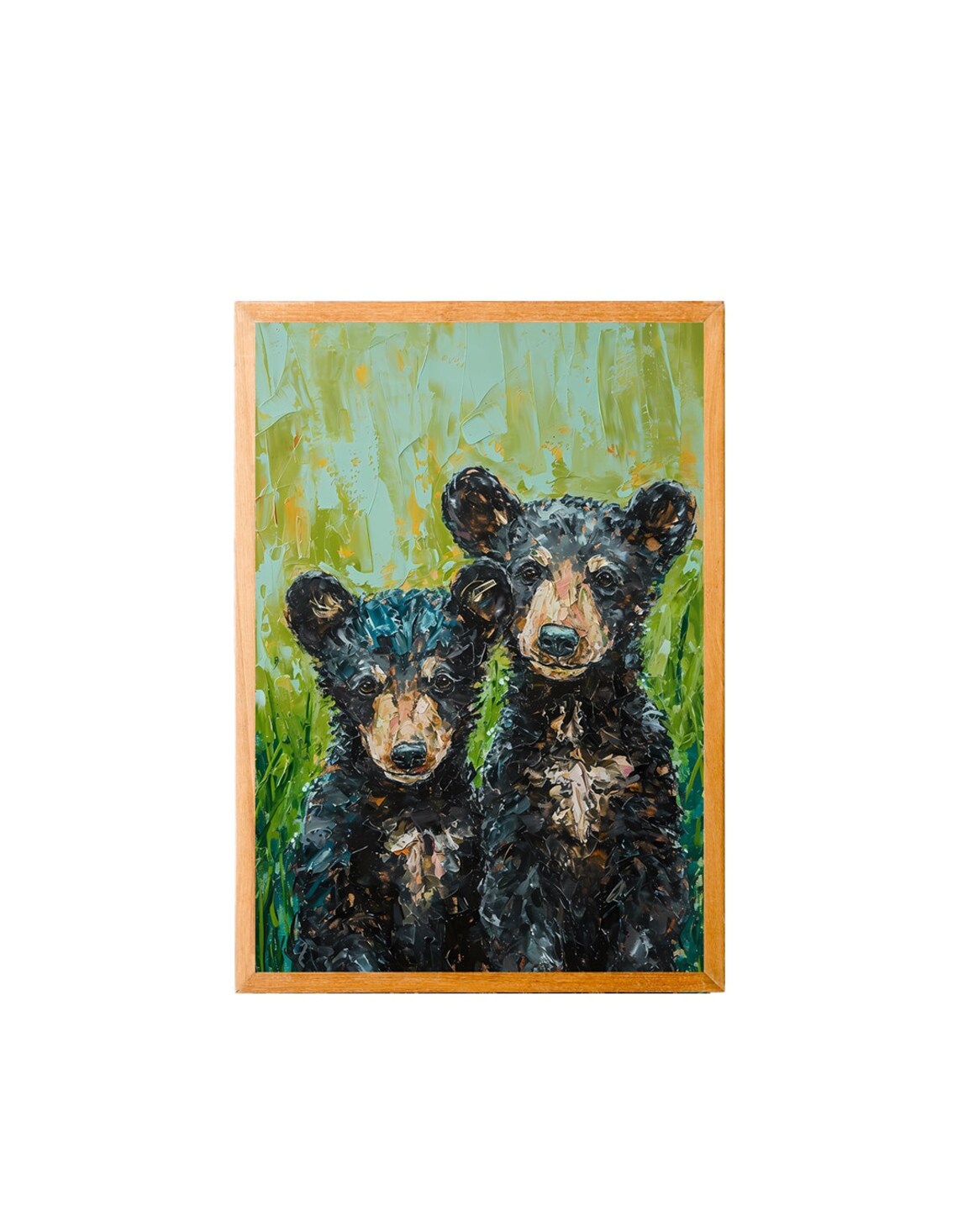 Two Black Bear Cubs Impasto Oil Painting Style Wildlife Poster