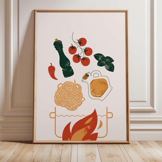Italian Spaghetti Ingredients Tomatoes Basil And Olive Oil Kitchen Poster