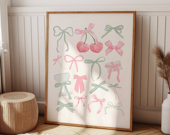 Pink And Green Coquette Bow Watercolor Print Balletcore Style Room