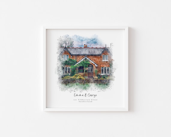 Brick Cottage Garden Watercolor House Portrait Personalised Print