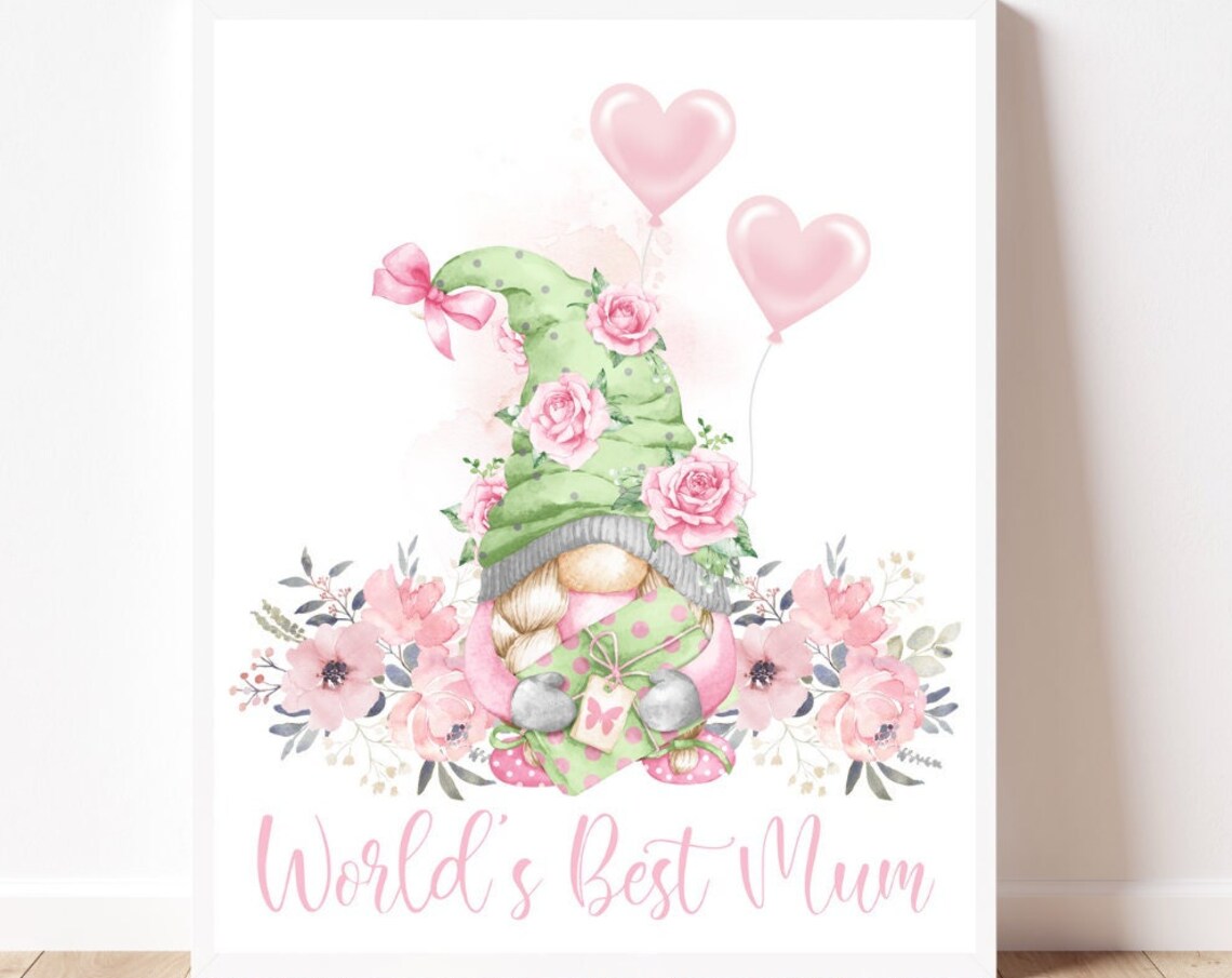 Worlds Best Mum Pink Gnome Floral Mothers Day Gift Art Poster