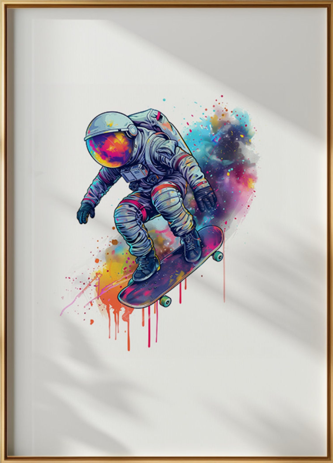 Galaxy Helmet Astronaut Skateboarding Watercolor Splash Poster - Image 3
