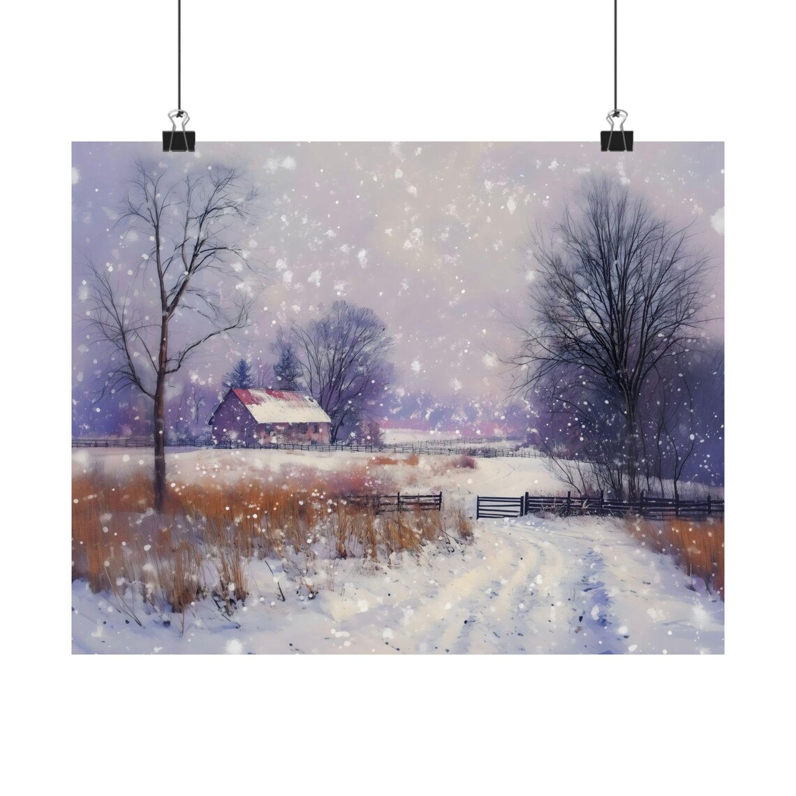 Snowy Farmhouse With Red Barn Roof In Winter Storm Falling Snow Wall Art