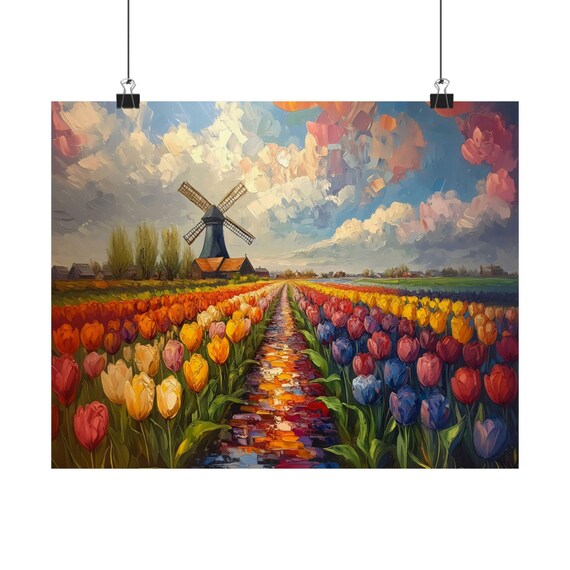 Impasto Tulip Field Windmill Colorful Spring Bloom Landscape Print