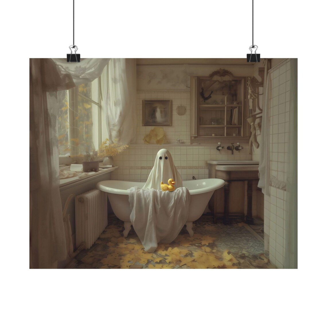 Cute Ghost Relaxing In A Clawfoot Tub With A Rubber Duck Poster