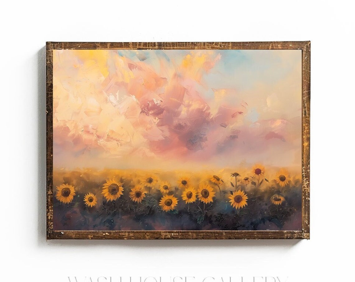 Sunflower Wall Art Sunflower Field Painting Cottagecore Sunflower Art Vintage Oil Painting Of Sunflower Field Print Pink Sky Print