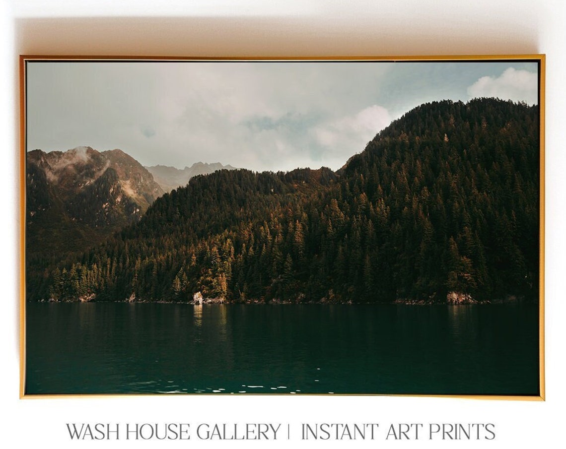 Forested Mountain Shoreline Reflected in Dark Still Water Poster