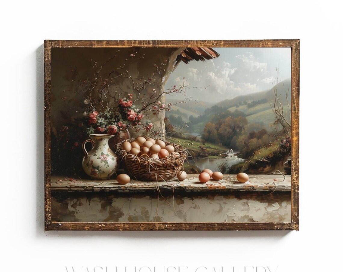 Basket Of Farm Eggs With Floral Pitcher Cottage Still Life Poster - Image 3