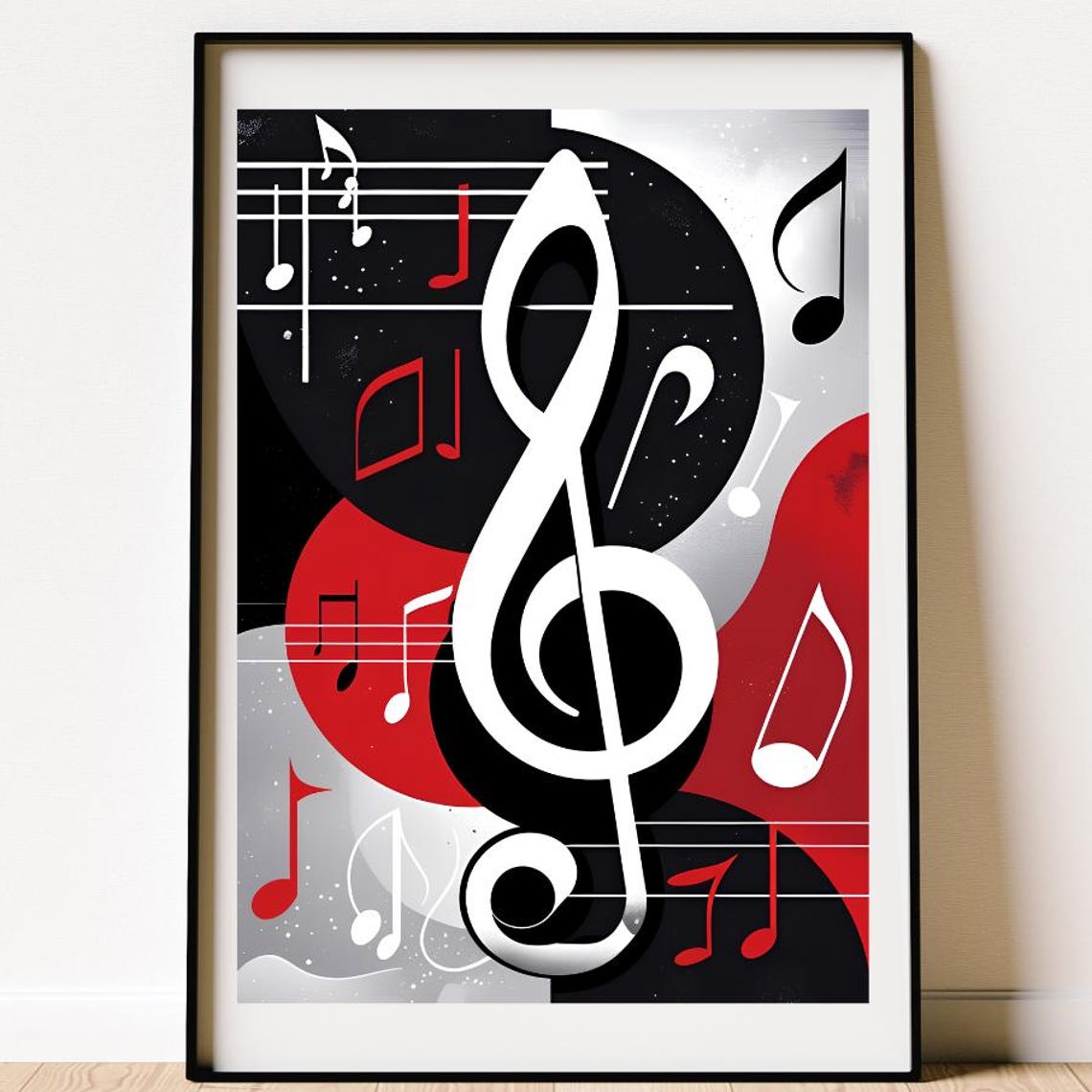 Bold Red 3D Treble Clef Poster with Floating Notes on Black Disc