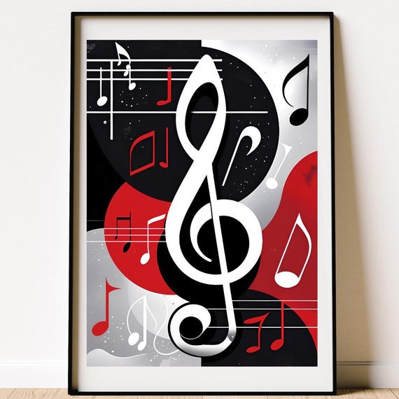 Modern Abstract Music Notes Poster Midcentury Wall Art Bold Geometric Shapes And Musical Symbols Red Silver Artwork Jazzinspired Decor