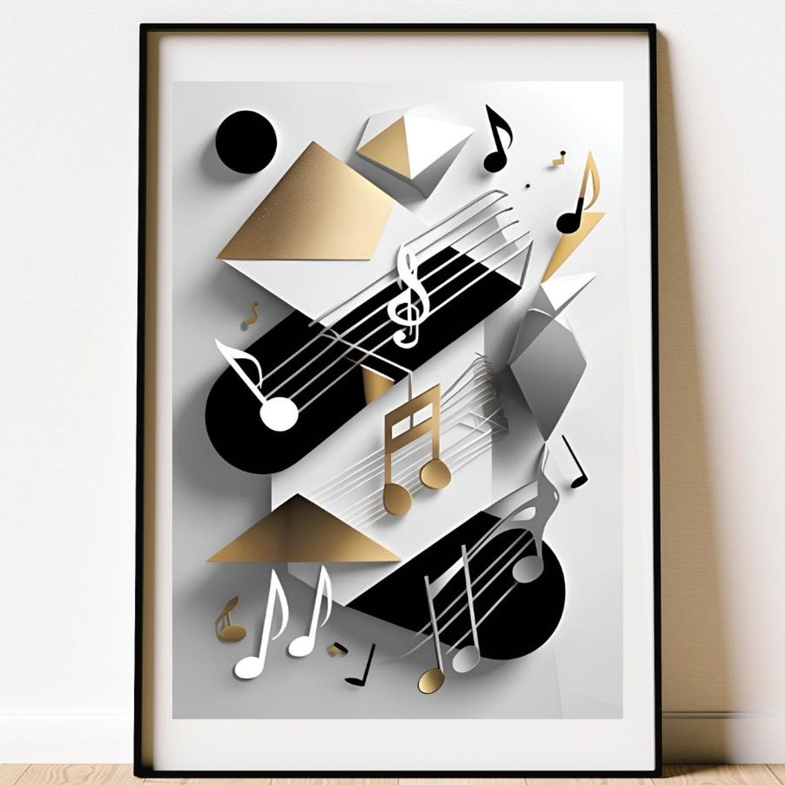 Gold Silver 3D Treble Clef Poster with Diagonal Geometric Music Blocks