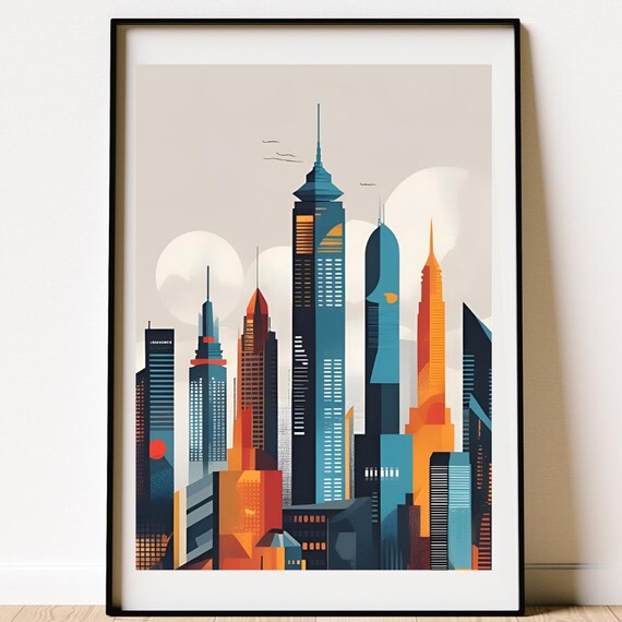 Modern Abstract City Poster Midcentury Wall Art Bold Geometric Shapes And Colour Skyscrapers Artwork Buildings Inspired Decor