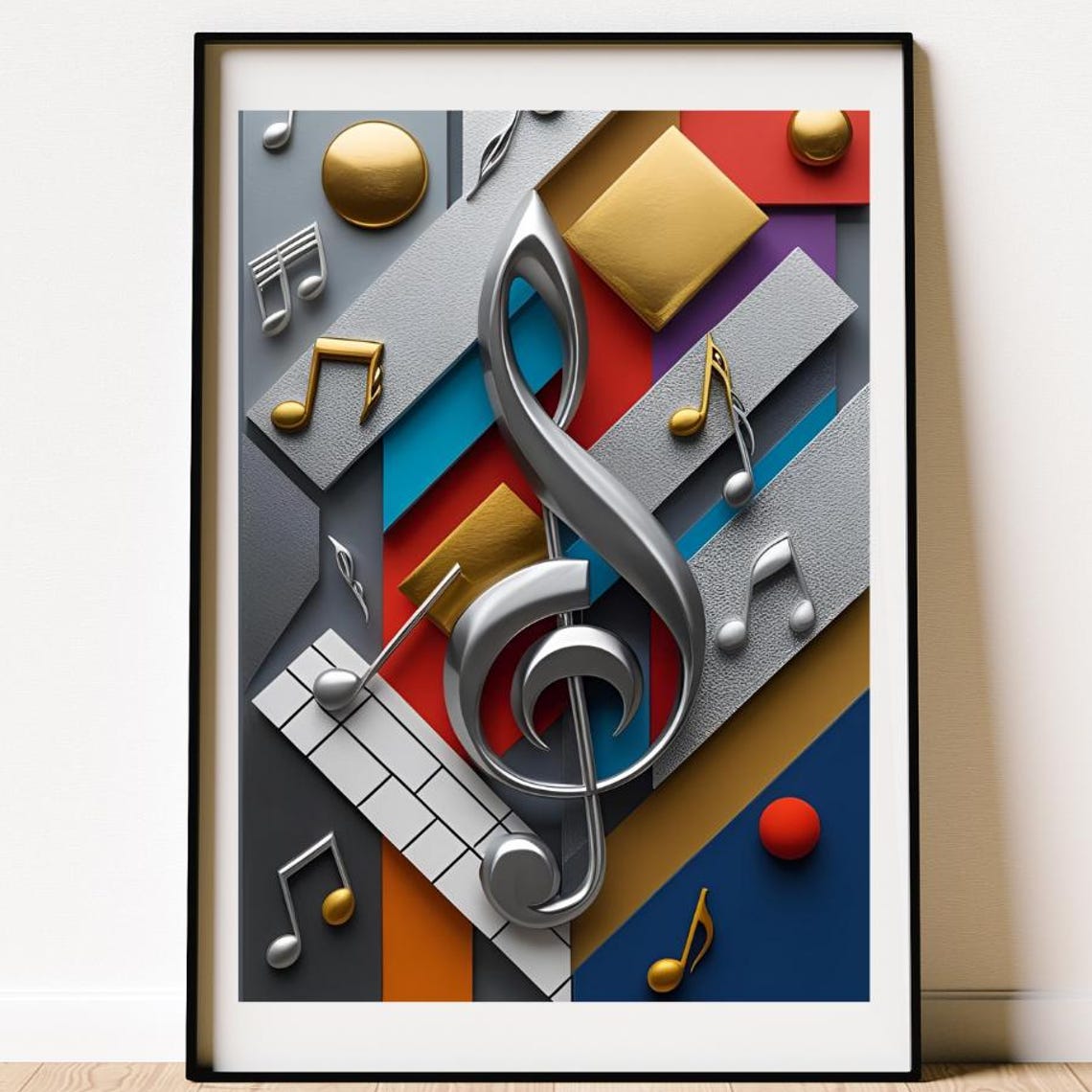 Silver Treble Clef on Bold Geometric Colour Blocks Art Poster