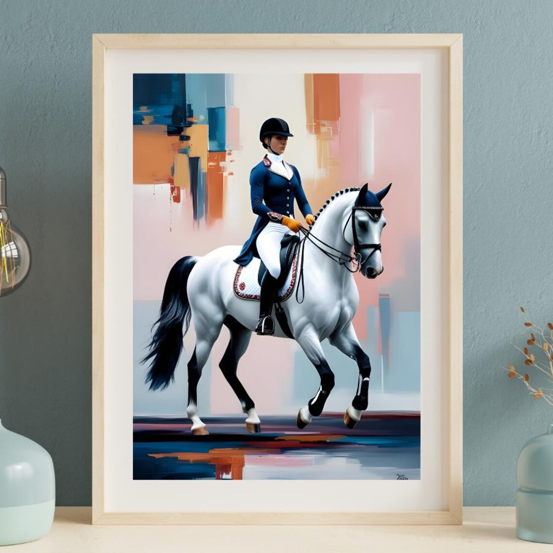 Elegant Dressage Rider On White Horse In Modern Abstract Poster