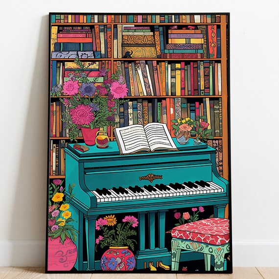 Teal Grand Piano Floral Bookcase Music Library Illustration Poster