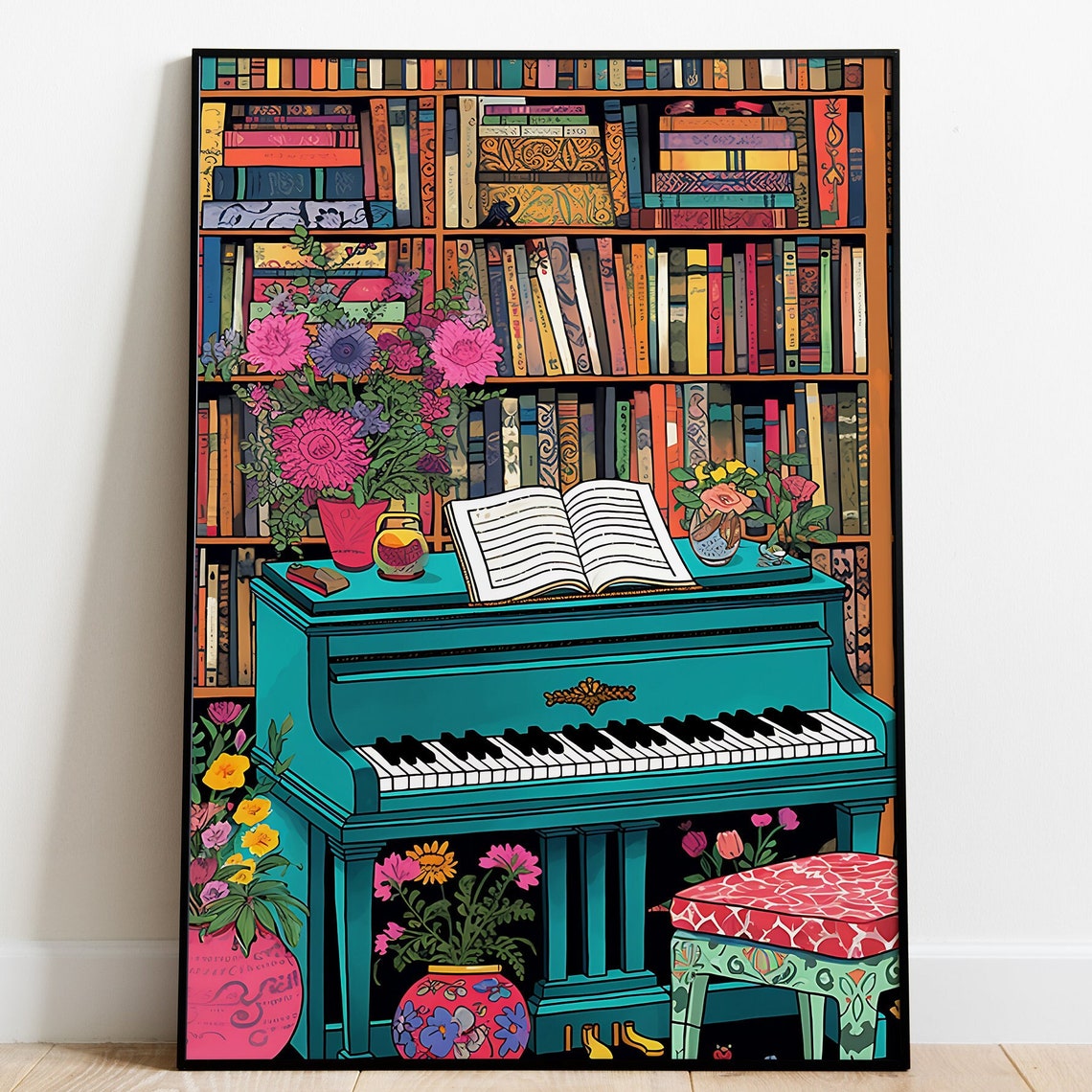 Teal Grand Piano Floral Bookcase Music Library Illustration Poster