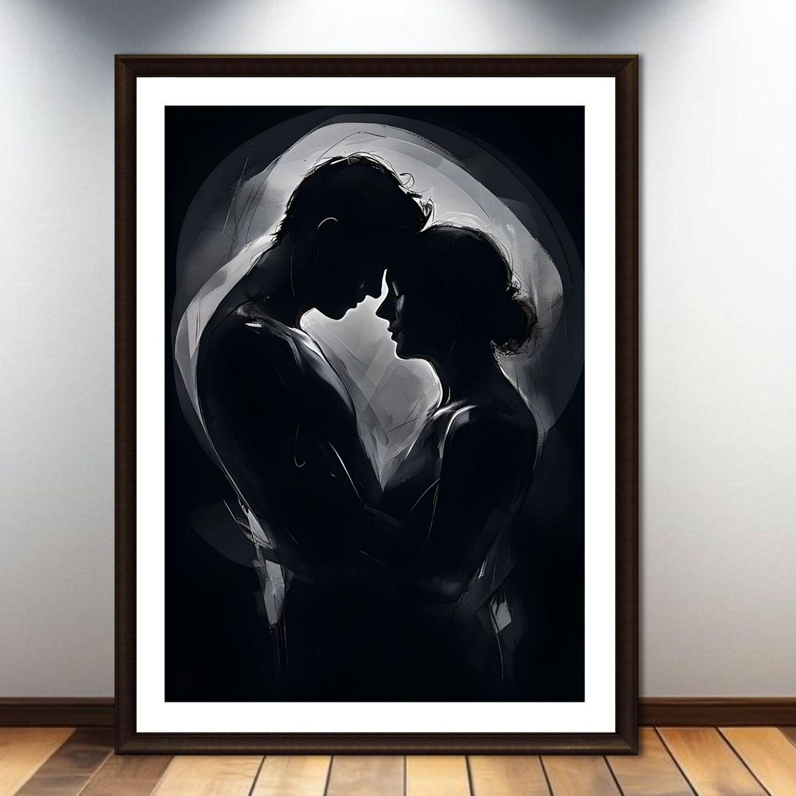 Embracing Lovers Silhouette Under Full Moon Dark Romantic Art Poster