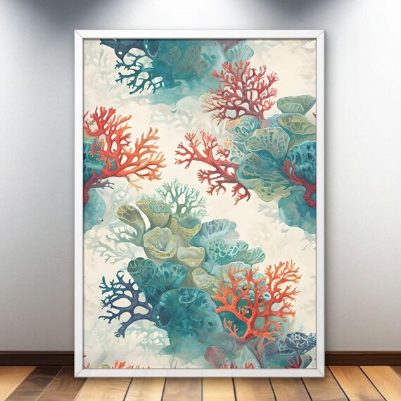 Reef Coral Corals Poster Wall Art Blue And Red Illustration Print