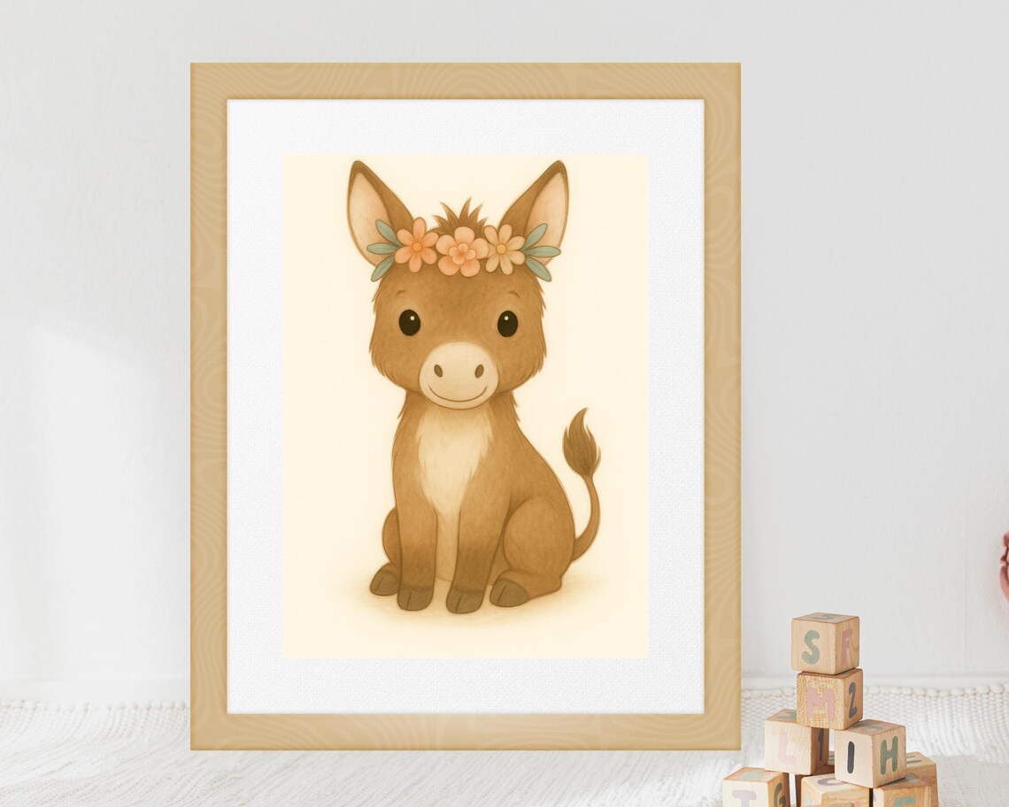 Farmhouse Donkey With Floral Crown, Nursery Art Print - Image 3