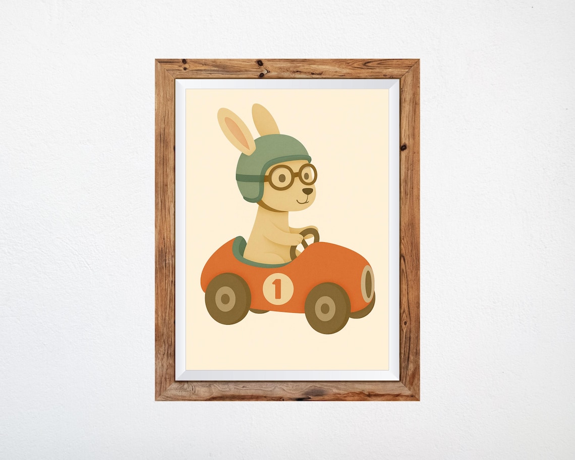 Bunny Race Car Nursery Art Print, Vintage Kids Decor