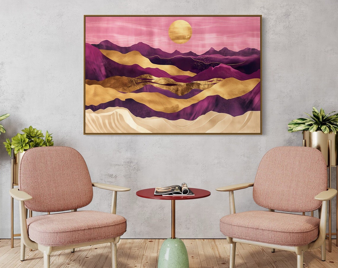 Purple Mountains And Golden Sunset Print Modern Geometric Mountains Landscape For Coquette Home Decore