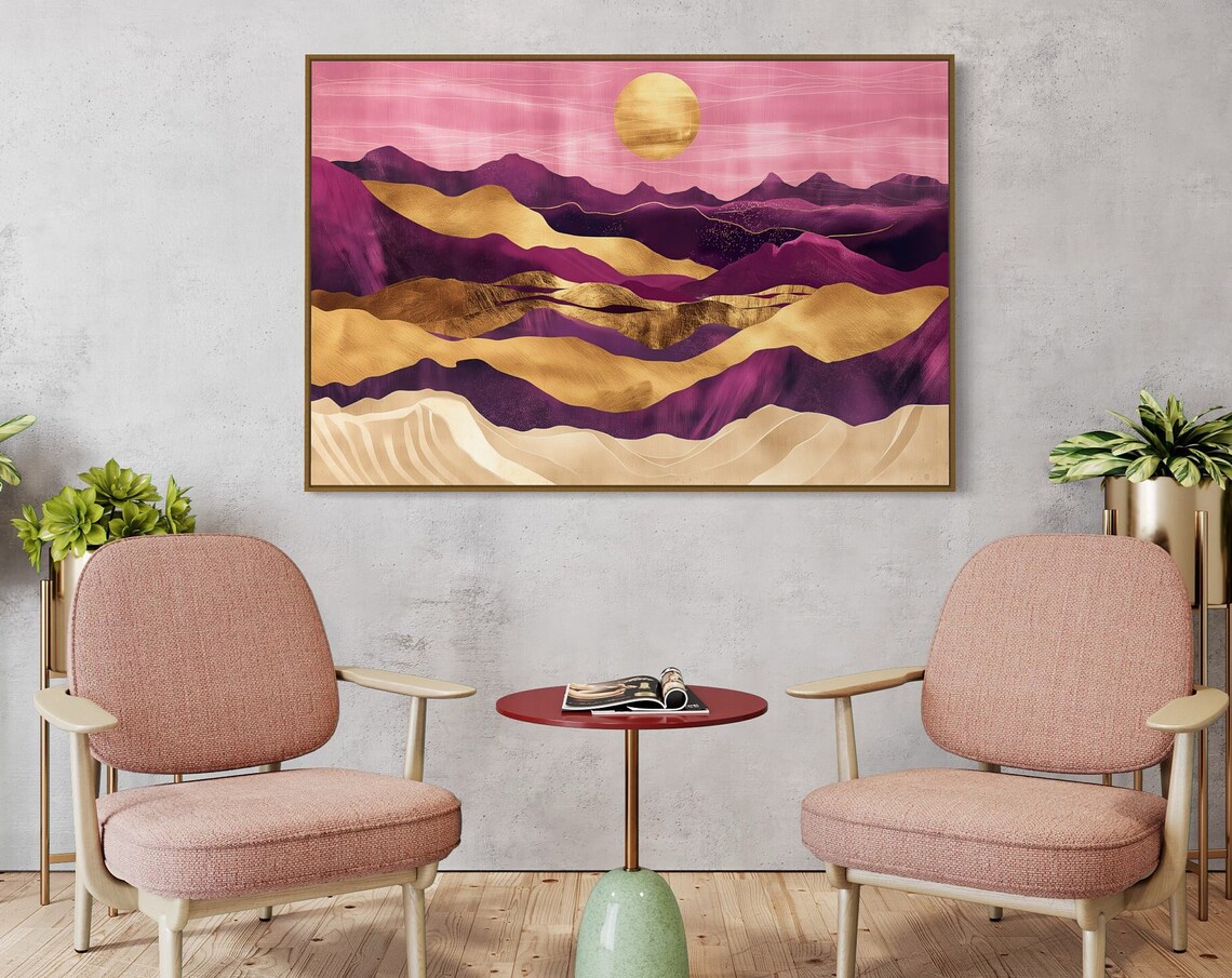 Purple Mountains Golden Sunset Geometric Modern Landscape Art Print