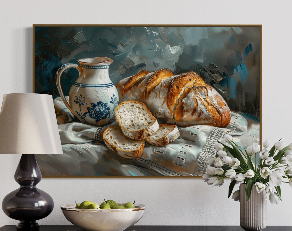 Rustic Bread Loaf Still Life Ceramic Pitcher Cozy Kitchen Wall Art