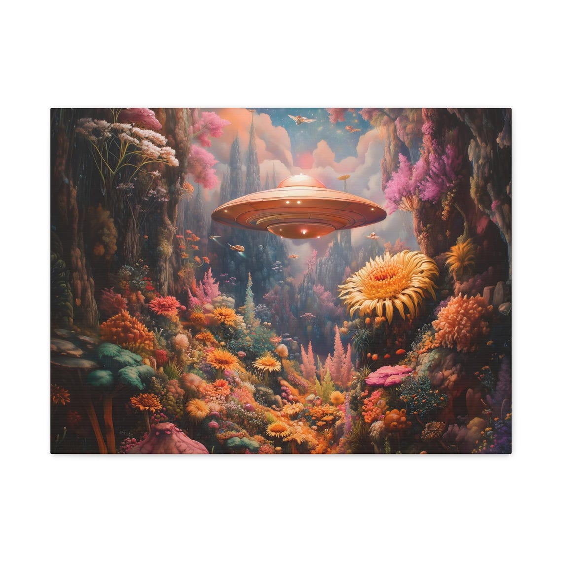 Flying Saucer Above Colorful Alien Flower Valley at Dusk Poster - Image 3