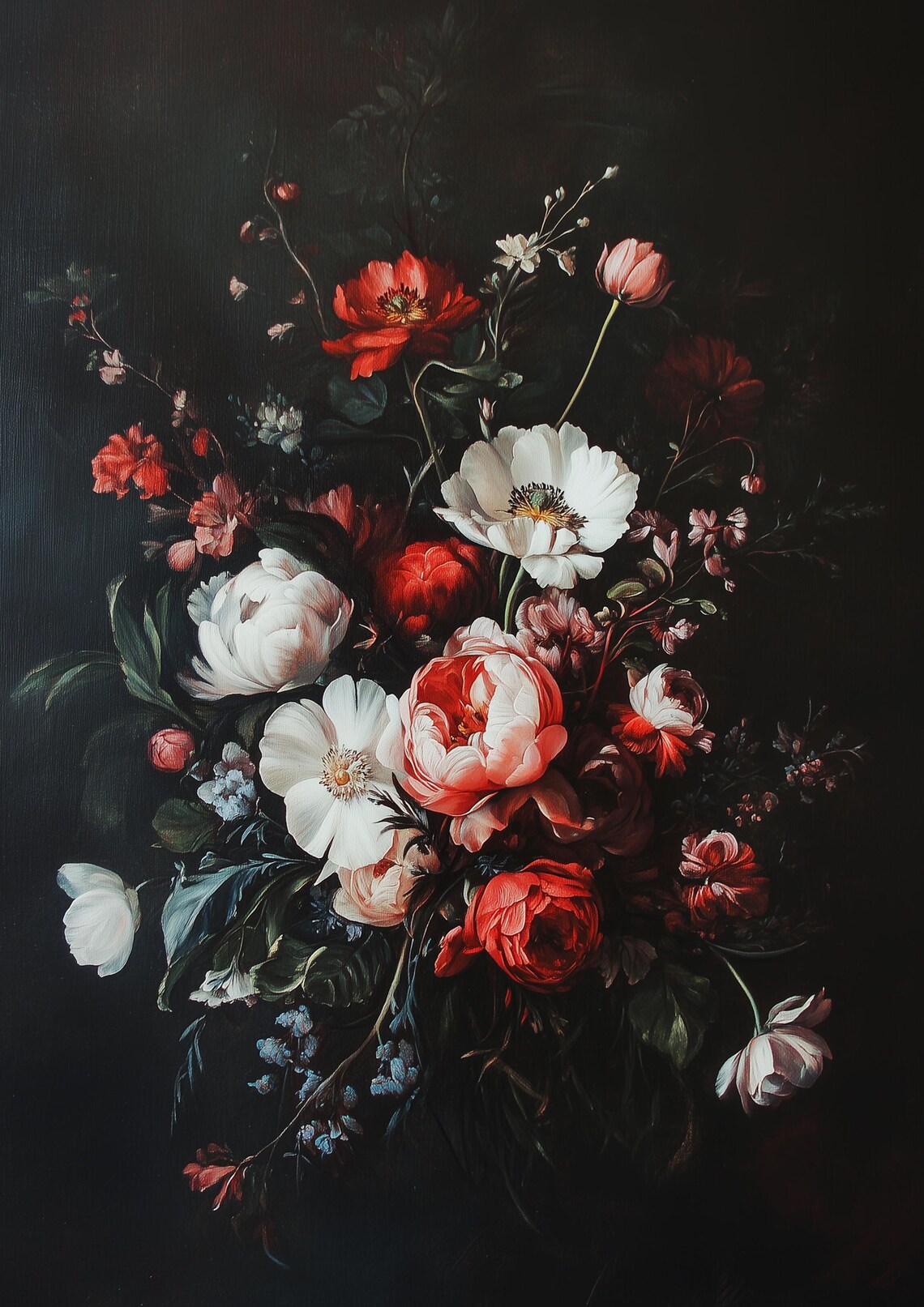 Dark Moody Peonies Bouquet Floral Still Life Oil Painting Poster - Image 5