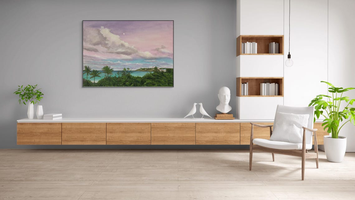 Tropical Palm Beach Island Coastline Turquoise Sea Moonrise Poster - Image 2