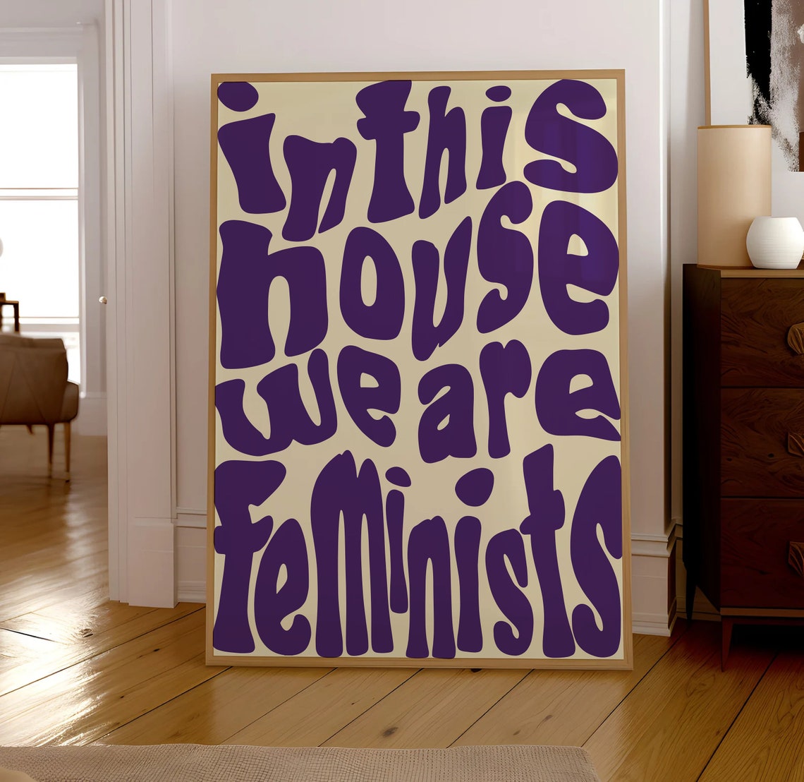 In This House We Are Feminists Purple Retro Bubble Type Poster