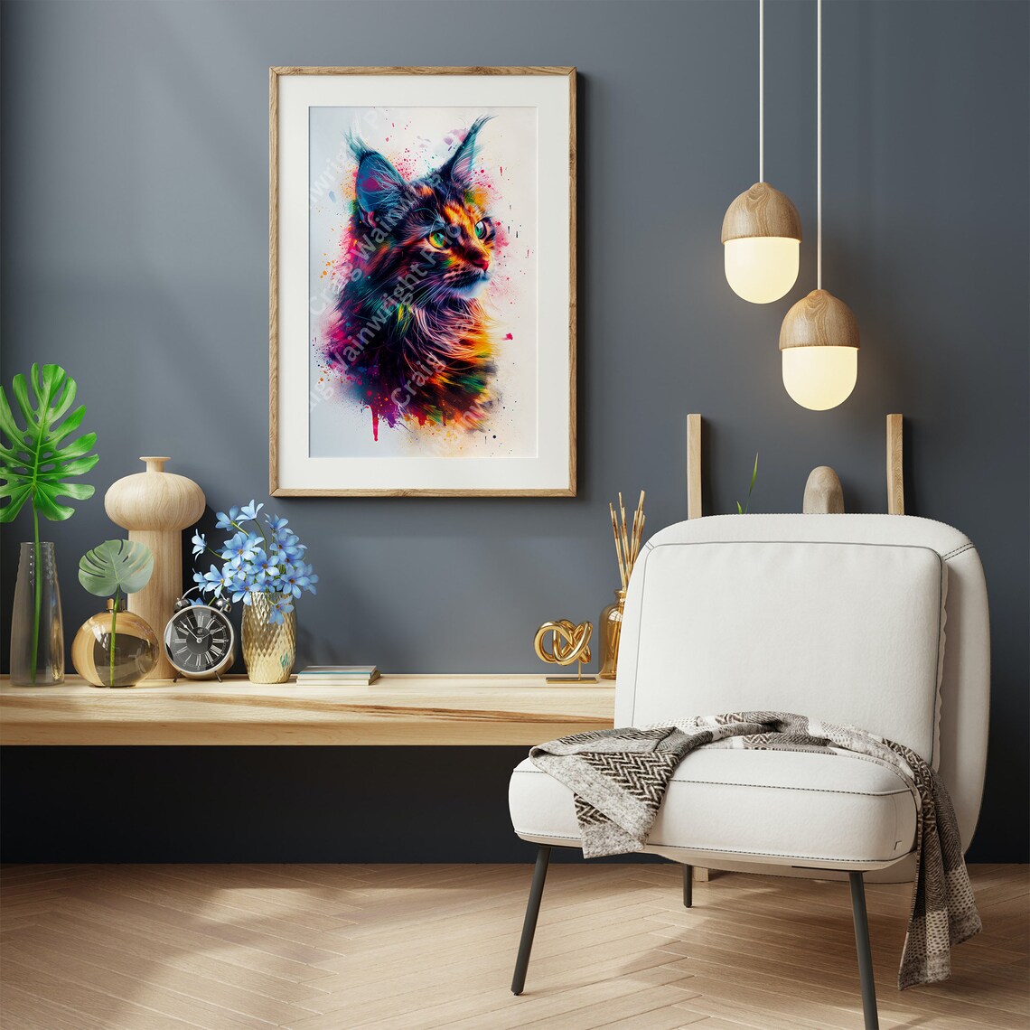 Maine Coon Cat Colorful Watercolor Splash Portrait Art Poster - Image 2