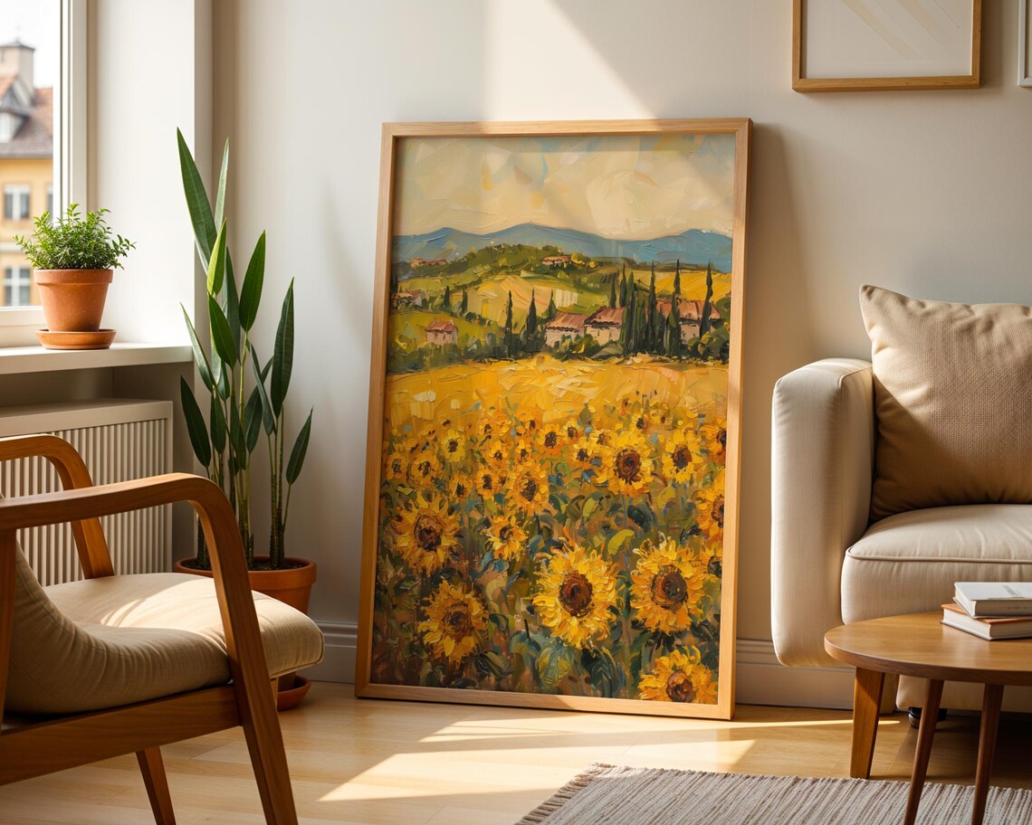 Tuscan Sunflower Field and Farmhouse Impressionist Art Poster