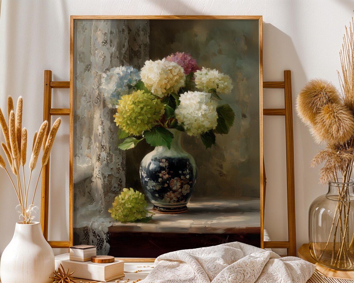Chinoiserie Hydrangea Vase Vintage Floral Still Life Oil Wall Poster