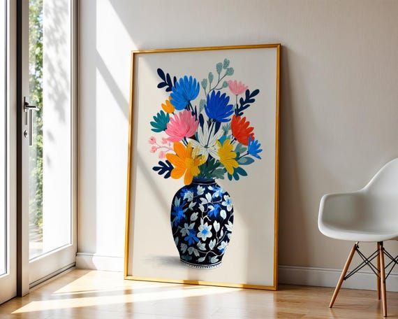 Chinoiserie Vase Wall Art Matisse Style Flower Poster Canvas Floral Print Colorful Botanical Artwork For Living Room Or Entryway