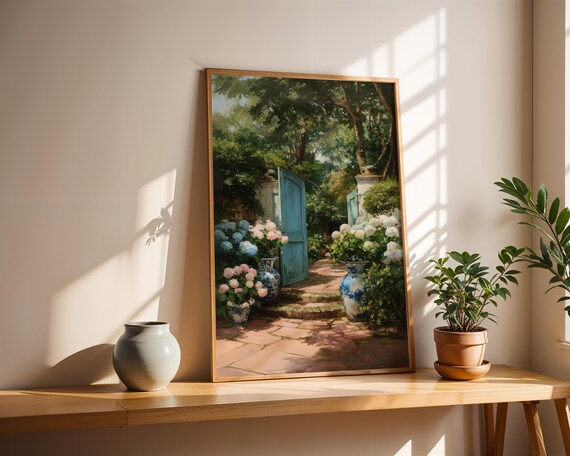 Chinoiserie Garden Gate Hydrangea Cottage Monet Style Art Poster