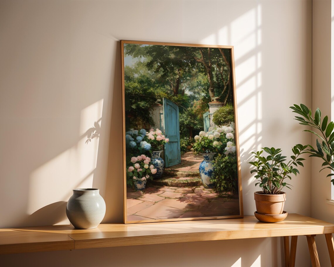 Chinoiserie Garden Gate Hydrangea Cottage Monet Style Art Poster